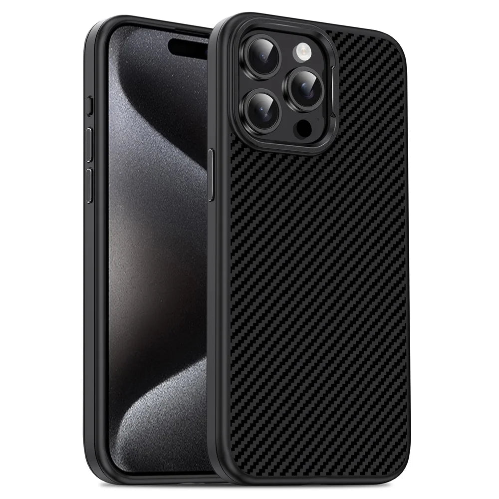 IPAKY For iPhone 15 Pro Max TPU Back Case Carbon Fiber Texture Phone Cover - Black - 1