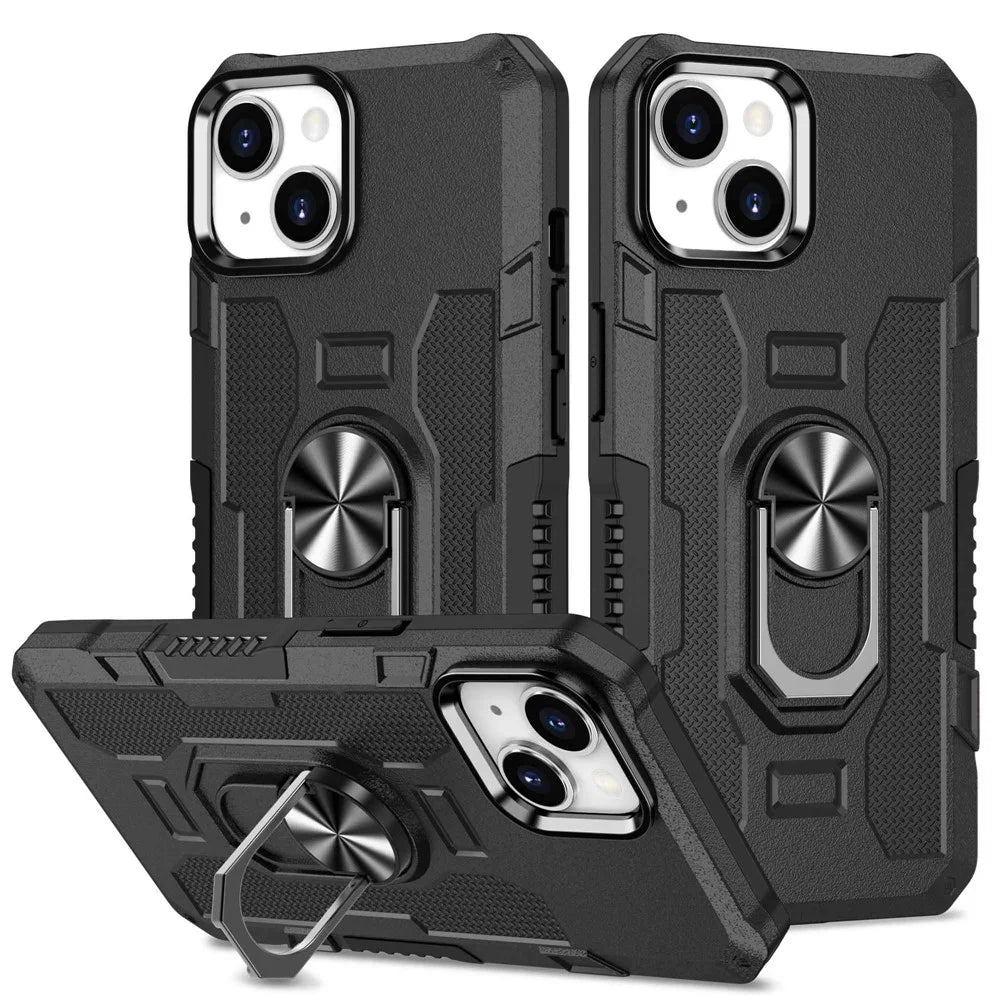 Anti-drop PC + TPU Phone Cover For iPhone 14 Plus, Anti-wear Phone Case Kickstand with Metal Ring Holder Built-in Metal Sheet - Black - 1