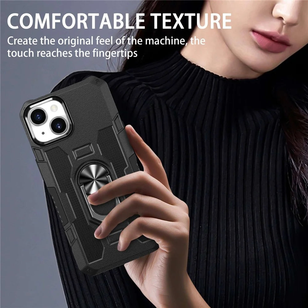Anti-drop PC + TPU Phone Cover For iPhone 14 Plus, Anti-wear Phone Case Kickstand with Metal Ring Holder Built-in Metal Sheet - Black - 3