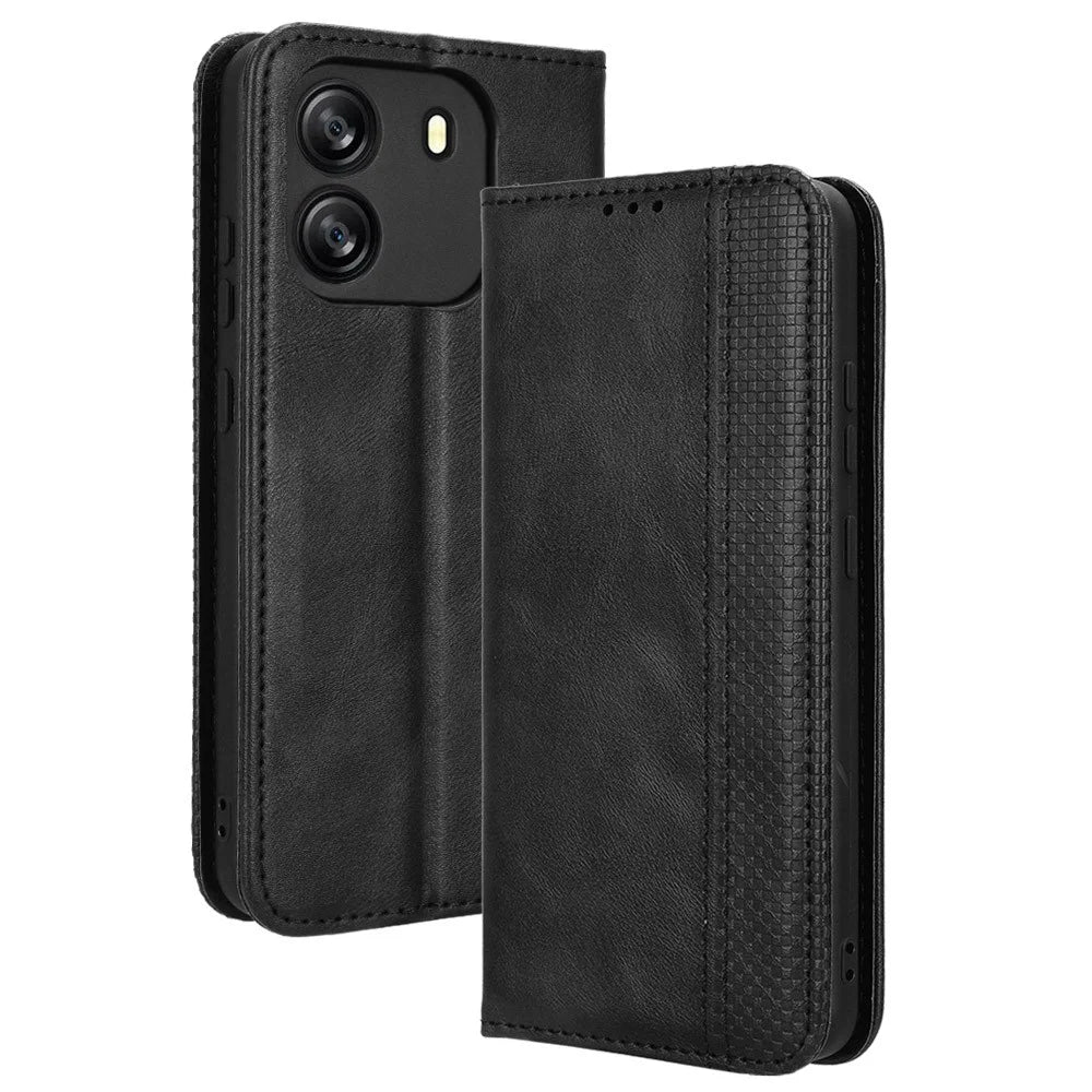 For Blackview Wave 6C Case Magnetic Closure Vintage Leather Wallet Phone Cover - Black - 1