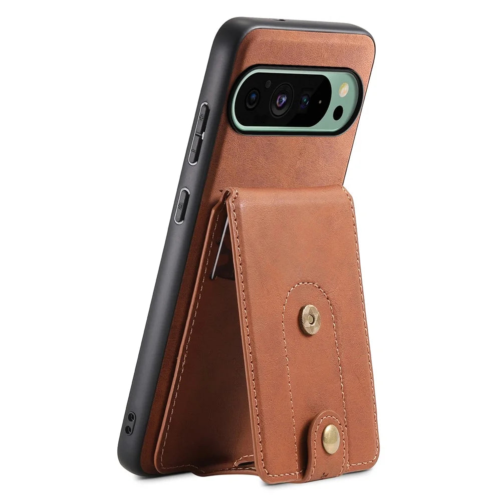 DENIOR D14 For Google Pixel 9 / 9 Pro Magnetic Case Kickstand Card Slots Phone Cover - Brown - 2