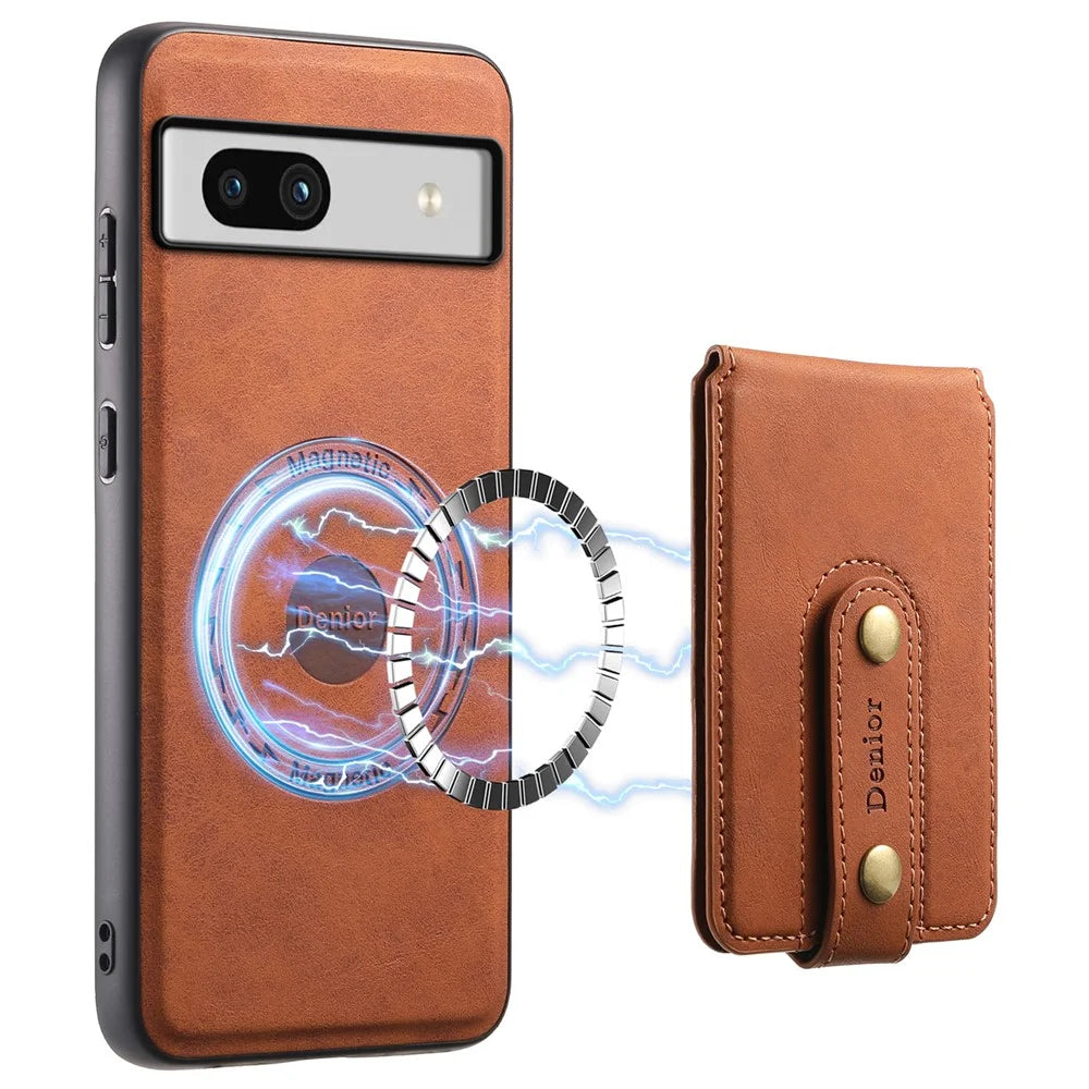 DENIOR D14 For Google Pixel 7a Magnetic Case 2 in 1 Detachable Card Bag PU+PC+TPU Phone Cover - Brown - 1