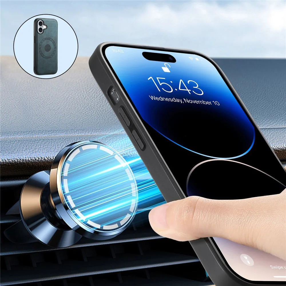 DENIOR A11 For iPhone 16 Case Leather+PC+TPU Phone Cover Compatible with MagSafe Wireless Charging - Blue - 4
