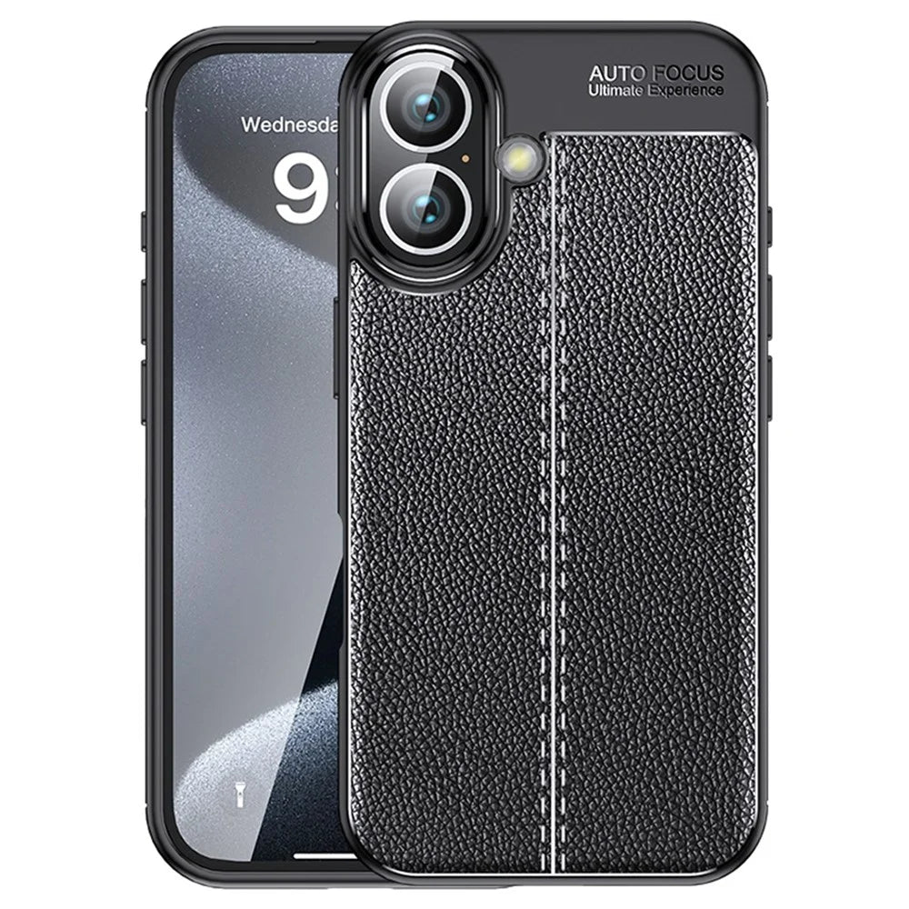 For iPhone 16 Plus Case Litchi Texture TPU Back Phone Cover - Black - 1