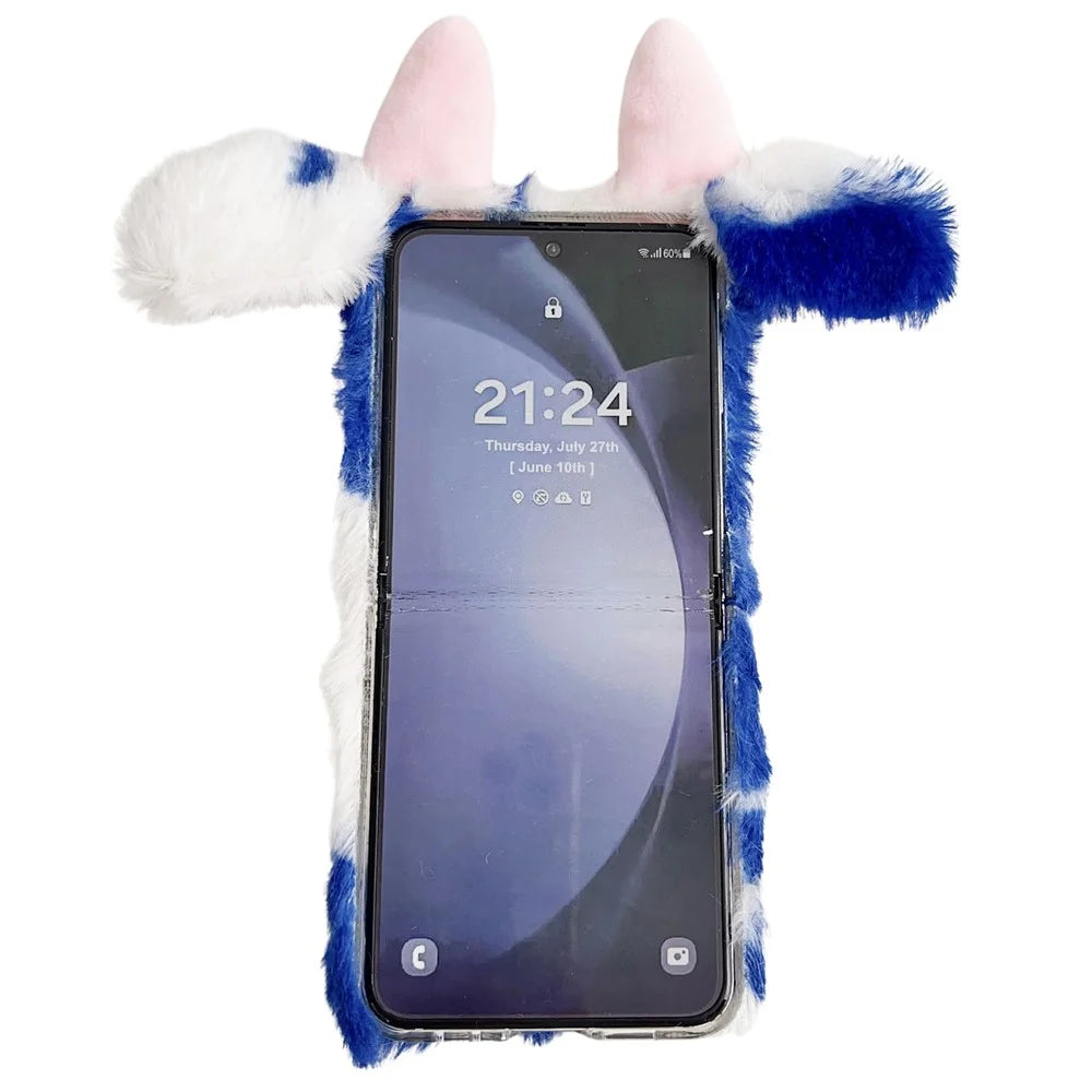 Acrylic Folding Phone Case for Samsung Galaxy Z Flip7 FE 5G / Z Flip6 5G Fluffy Cows Ear Cover - Blue - 4