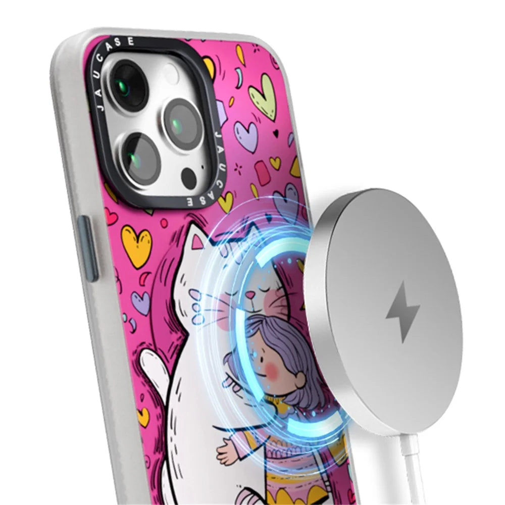 JAUCASE For iPhone 15 Pro Case Compatible with MagSafe PC+TPU Phone Cover Cartoon Cat - Pink - 2
