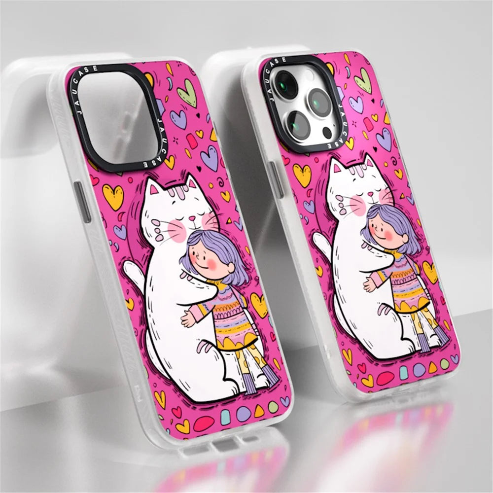 JAUCASE For iPhone 15 Pro Case Compatible with MagSafe PC+TPU Phone Cover Cartoon Cat - Pink - 7