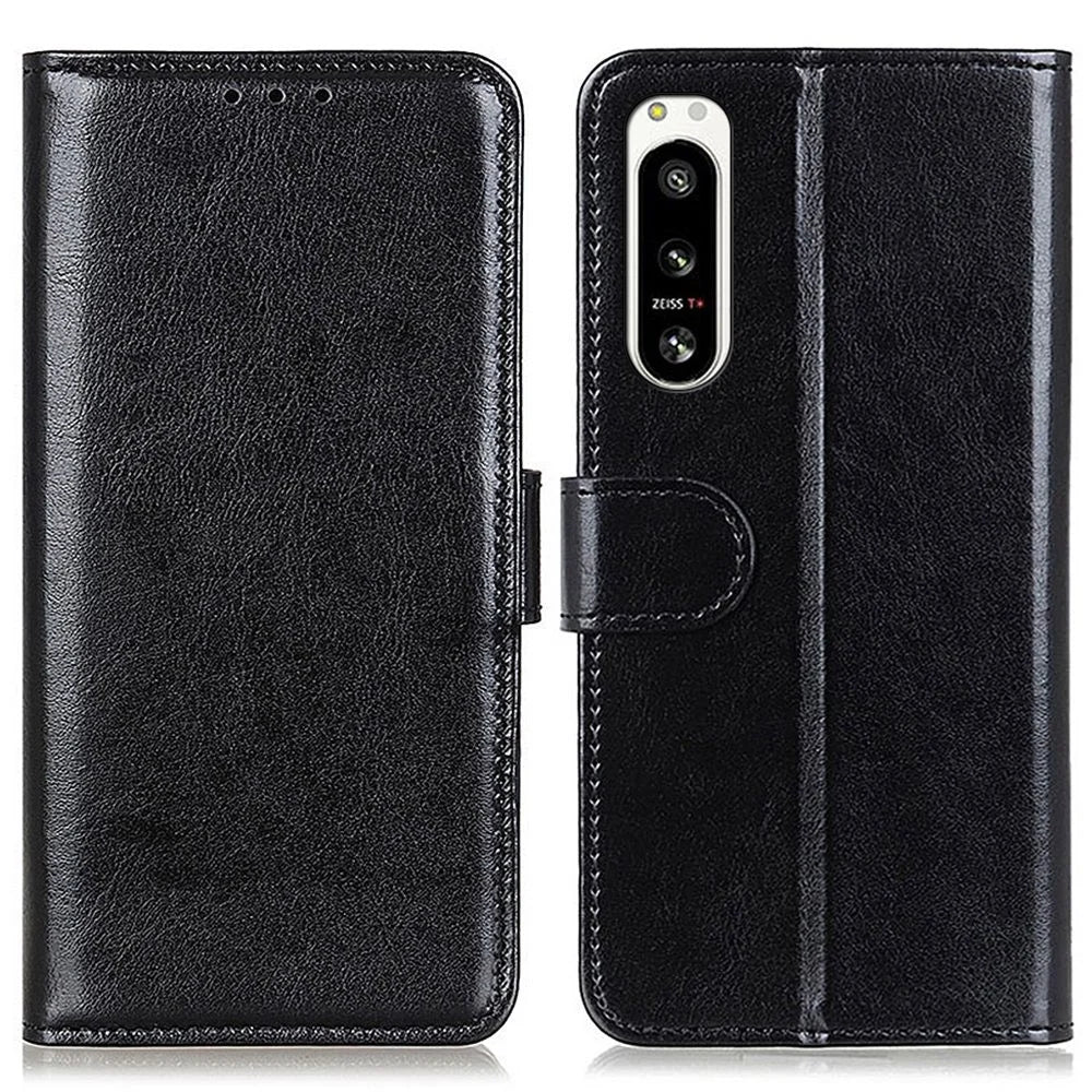 For Sony Xperia 5 IV 5G Flip Phone Case Crazy Horse Texture Wallet Stand Leather Phone Shell - Black - 1
