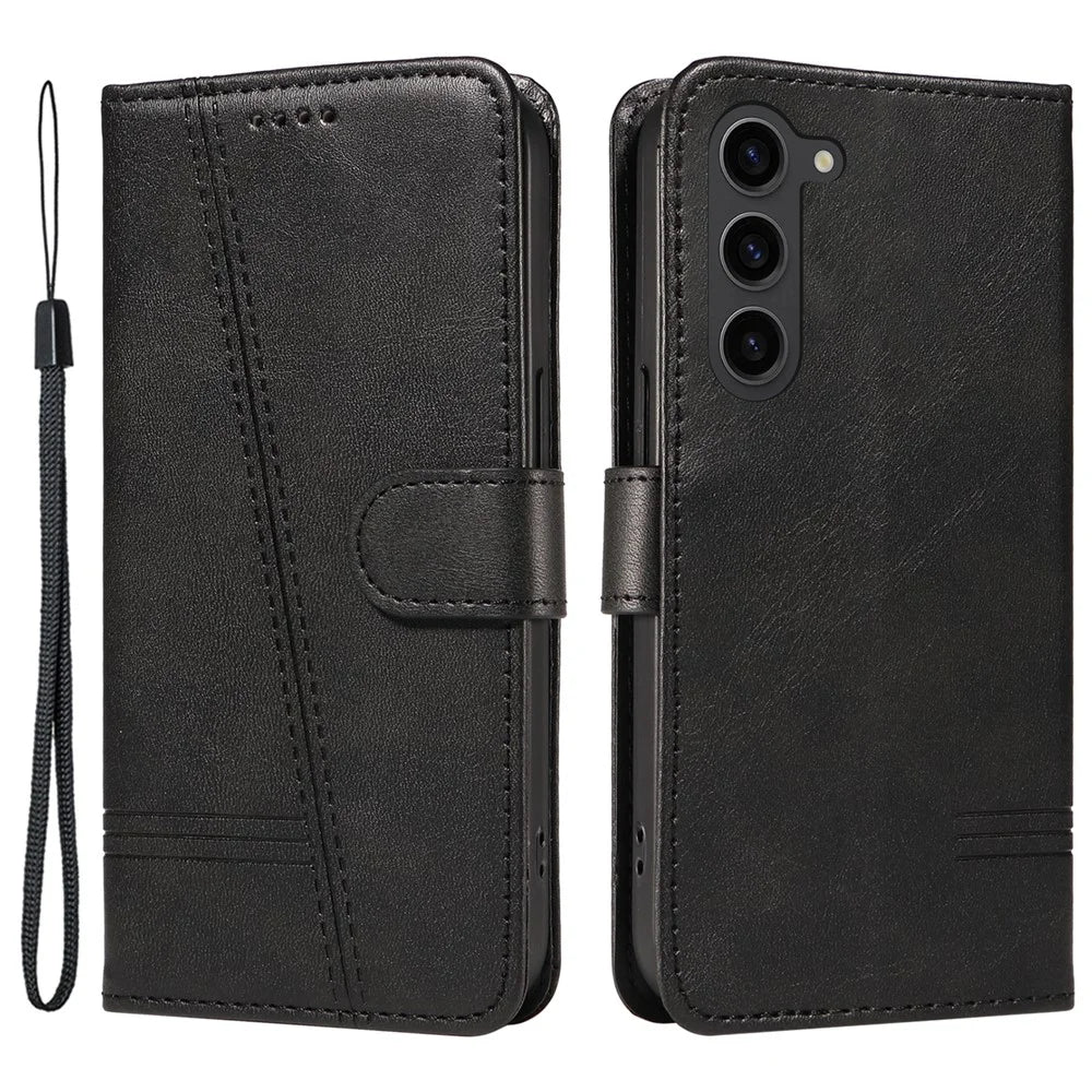 For Samsung Galaxy S23 Case Wallet Flip Leather Phone Cover T-Shaped Lines - Black - 1
