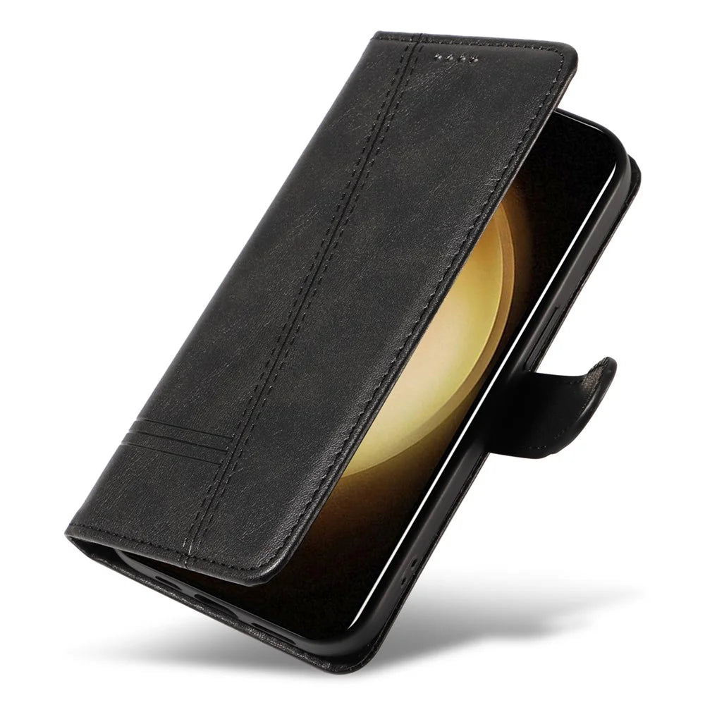 For Samsung Galaxy S23 Case Wallet Flip Leather Phone Cover T-Shaped Lines - Black - 5