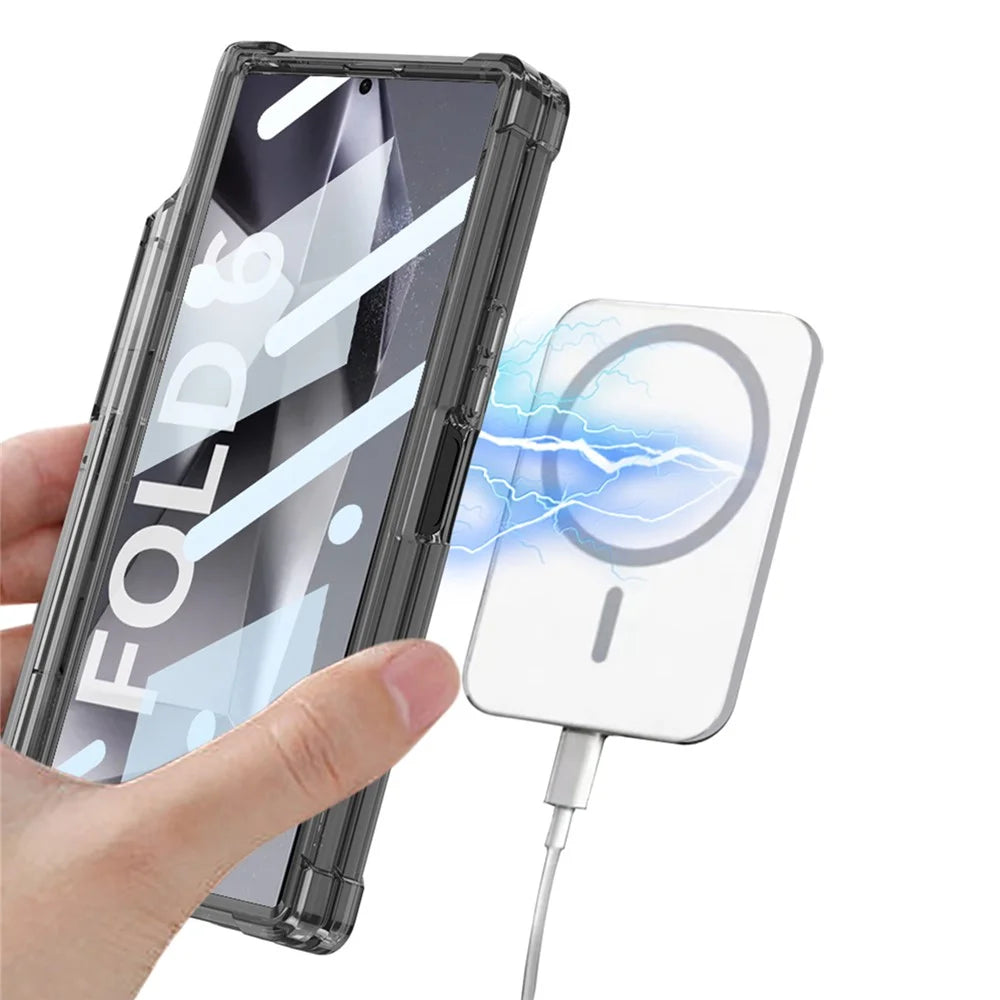 GKK For Samsung Galaxy Z Fold6 5G Case Pen Slot PC Phone Case with Wireless Charging - Transparent Black - 5