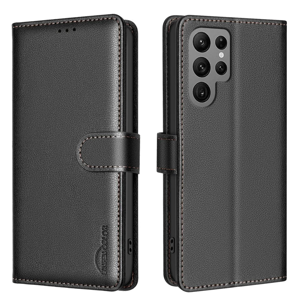 BINFEN COLOR BF32 For Samsung Galaxy S23 Ultra Case RFID Blocking Leather Wallet Phone Cover - Black - 1