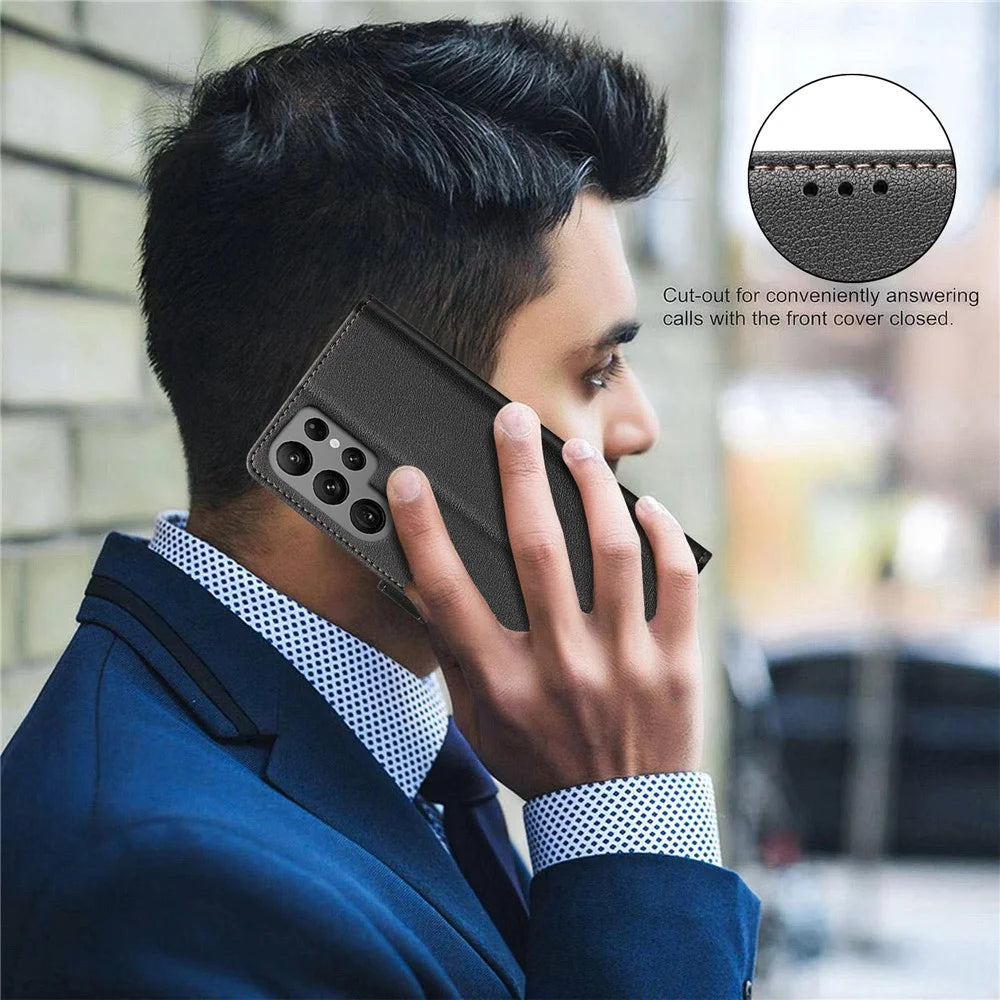 BINFEN COLOR BF32 For Samsung Galaxy S23 Ultra Case RFID Blocking Leather Wallet Phone Cover - Black - 5