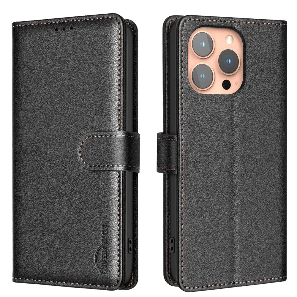 BINFEN COLOR BF32 For iPhone 14 Pro Case RFID Blocking Leather Drop-Proof Phone Cover - Black - 1