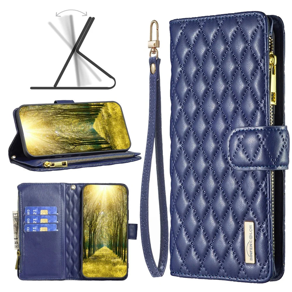 BINFEN COLOR BF Style-15 For iPhone 16 Case Zipper Wallet Leather Drop-Proof Phone Cover - Blue - 6