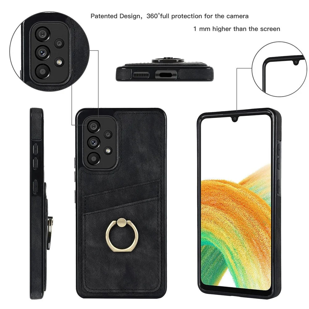 For Samsung Galaxy A33 5G Card Slots Case Retro PU Leather Coated TPU Phone Cover with Ring Holder Kickstand - Black - 5