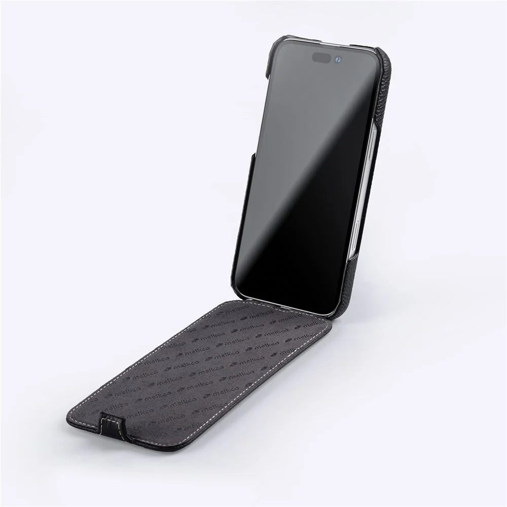 MELKCO For iPhone 16 Pro Case Compatible with MagSafe Vertical Flip Genuine Cow Leather + PC Phone Cover - Black - 2