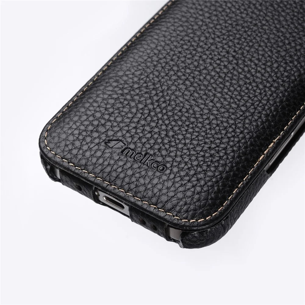 MELKCO For iPhone 16 Pro Case Compatible with MagSafe Vertical Flip Genuine Cow Leather + PC Phone Cover - Black - 3