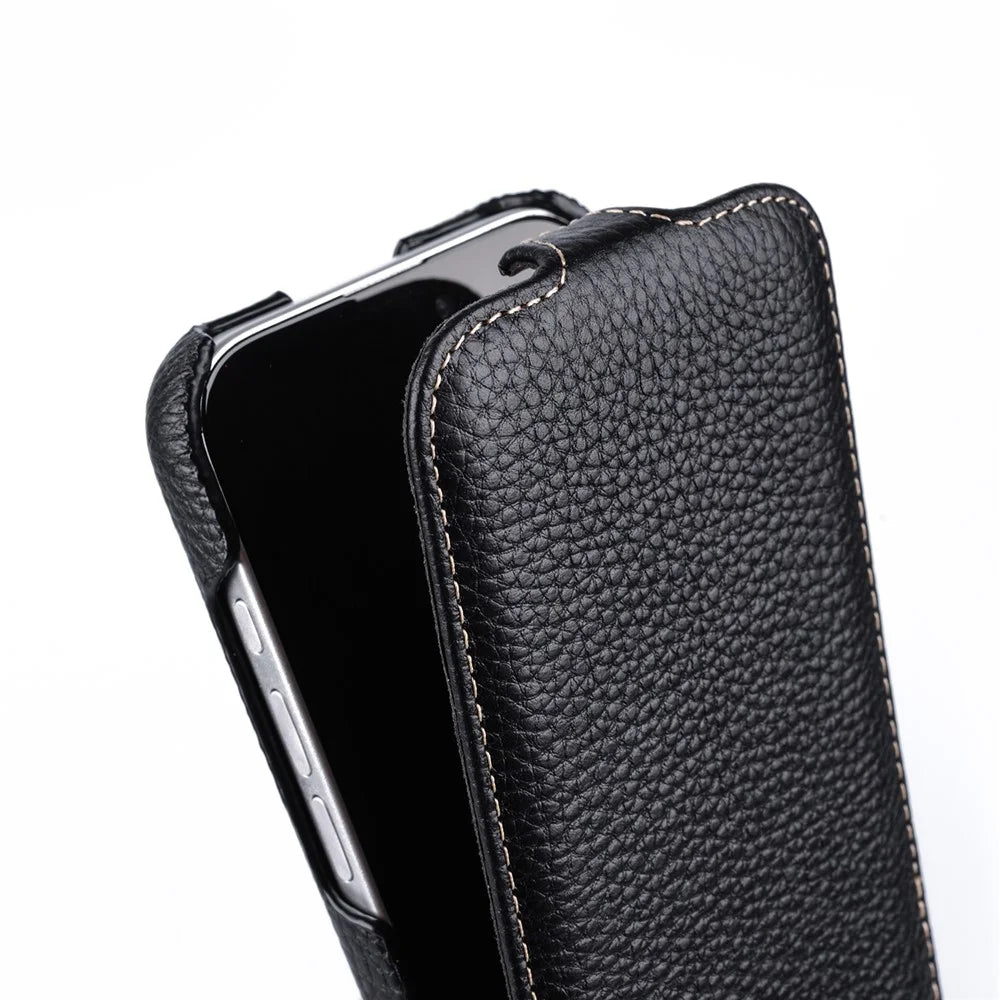 MELKCO For iPhone 16 Pro Max Case Compatible with MagSafe Vertical Flip Genuine Cow Leather + PC Phone Cover - Black - 4