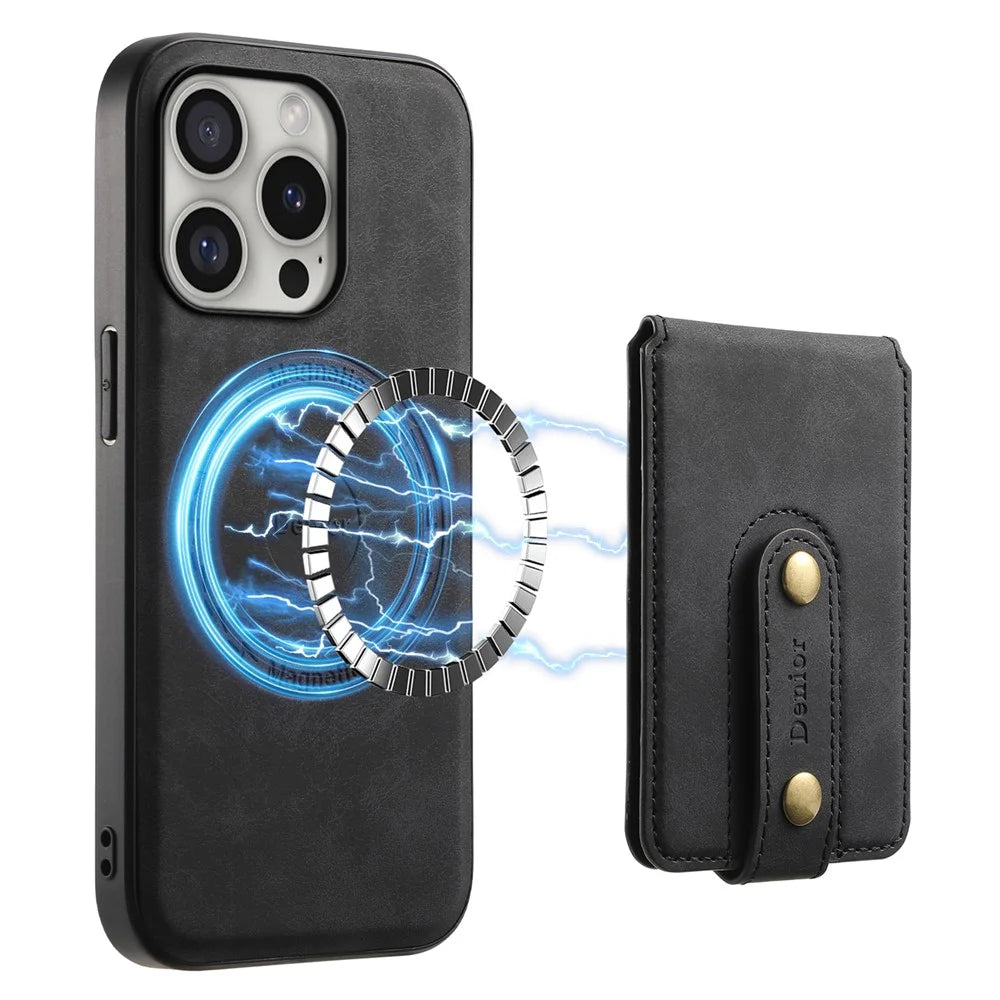 DENIOR D14 For iPhone 16 Pro Max Magnetic Case Leather+PC+TPU Phone Cover Card Bag - Black - 1