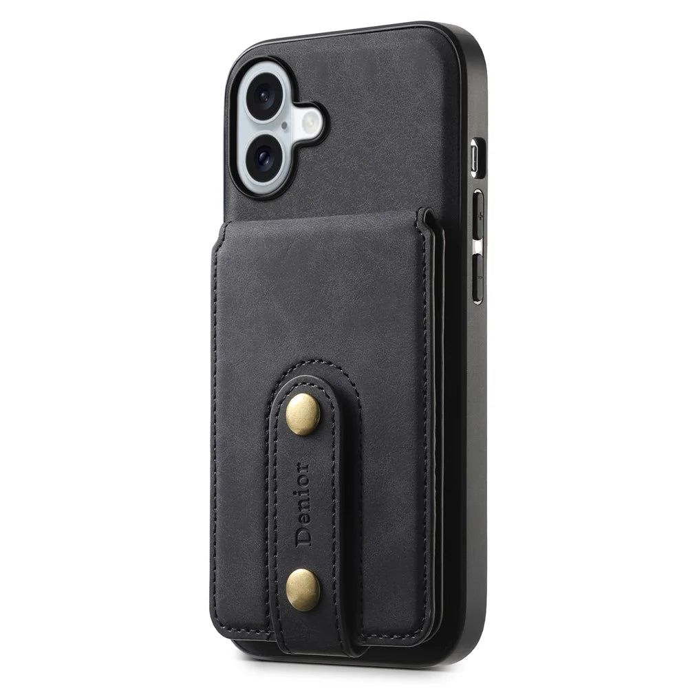 DENIOR D14 For iPhone 16 Case Kickstand Card Holder Retro Leather Back Phone Cover - Black - 2