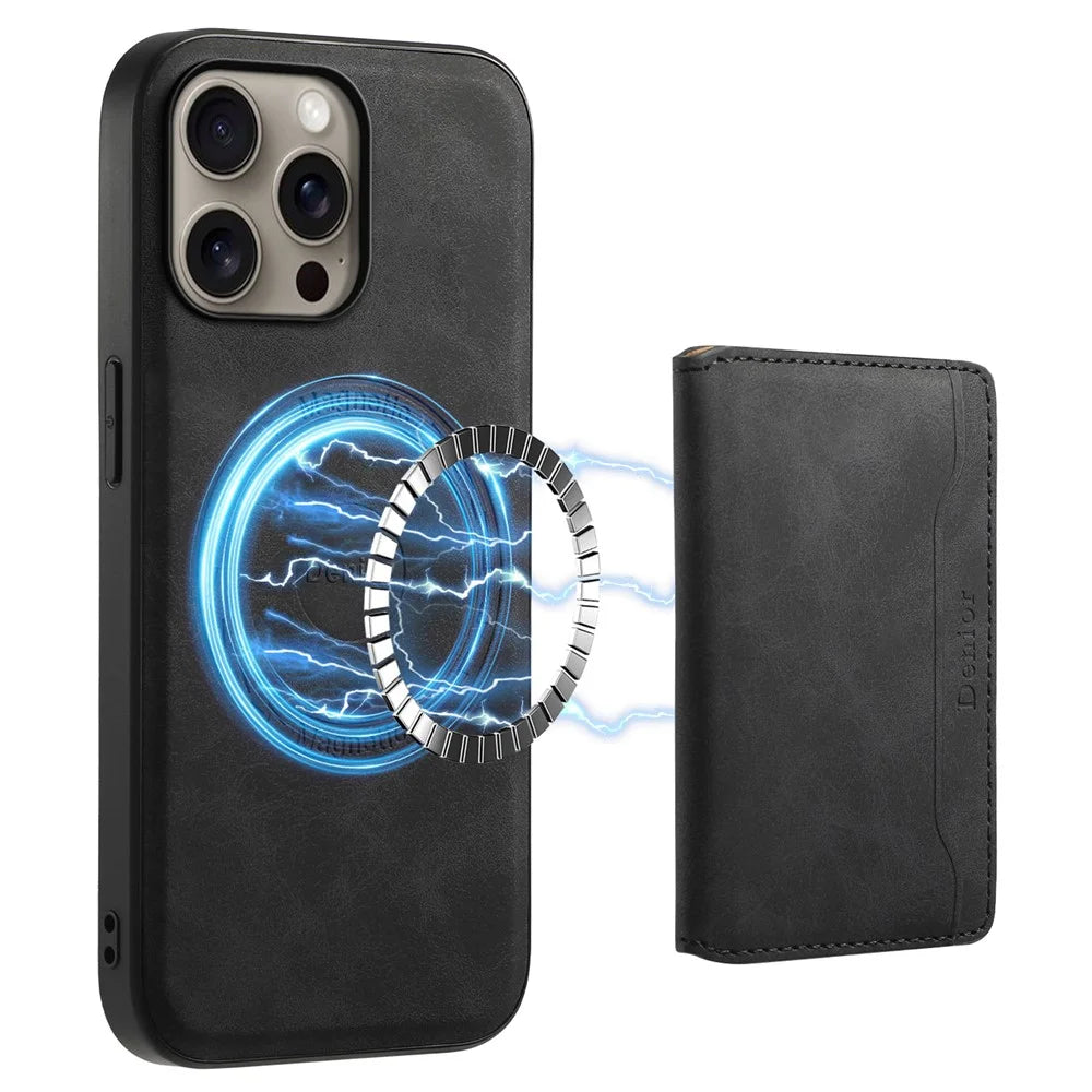 DENIOR D13 For iPhone 16 Pro Magnetic Case Card Holder Leather Coated PC+TPU Phone Cover - Black - 1