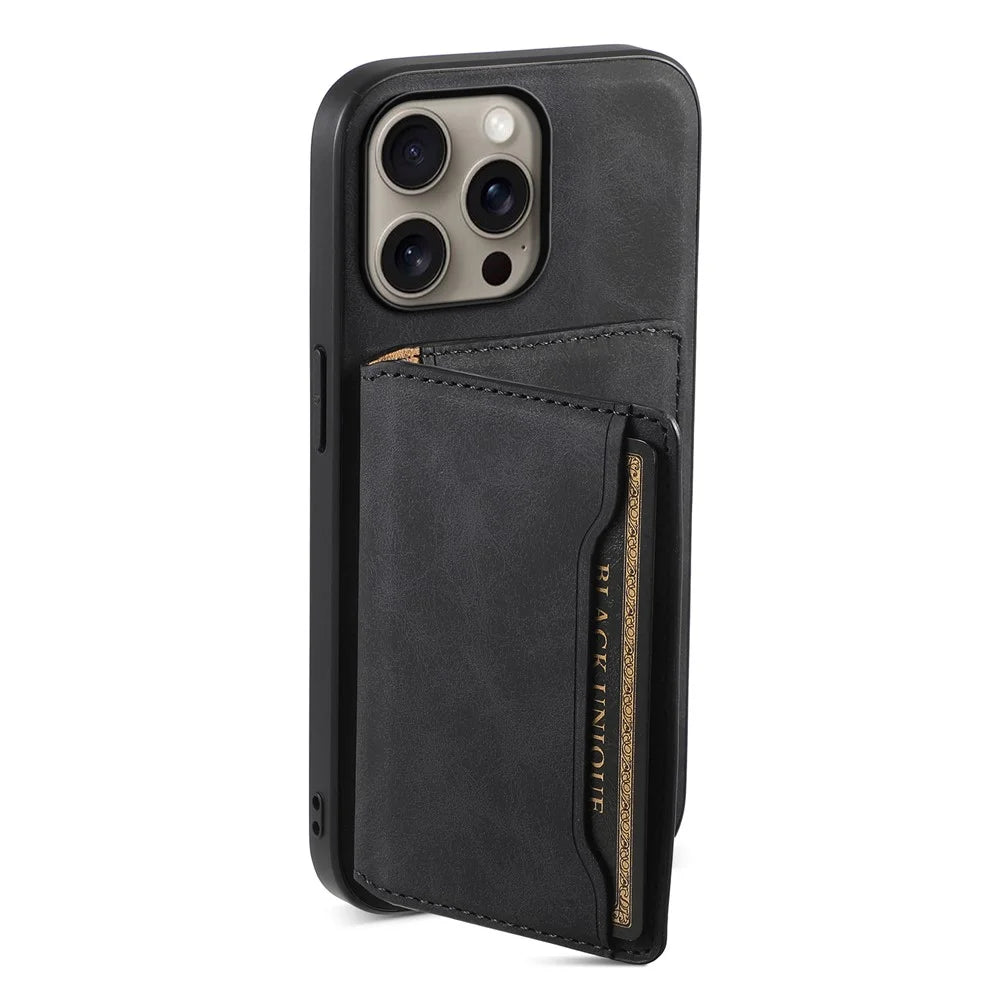 DENIOR D13 For iPhone 16 Pro Magnetic Case Card Holder Leather Coated PC+TPU Phone Cover - Black - 2