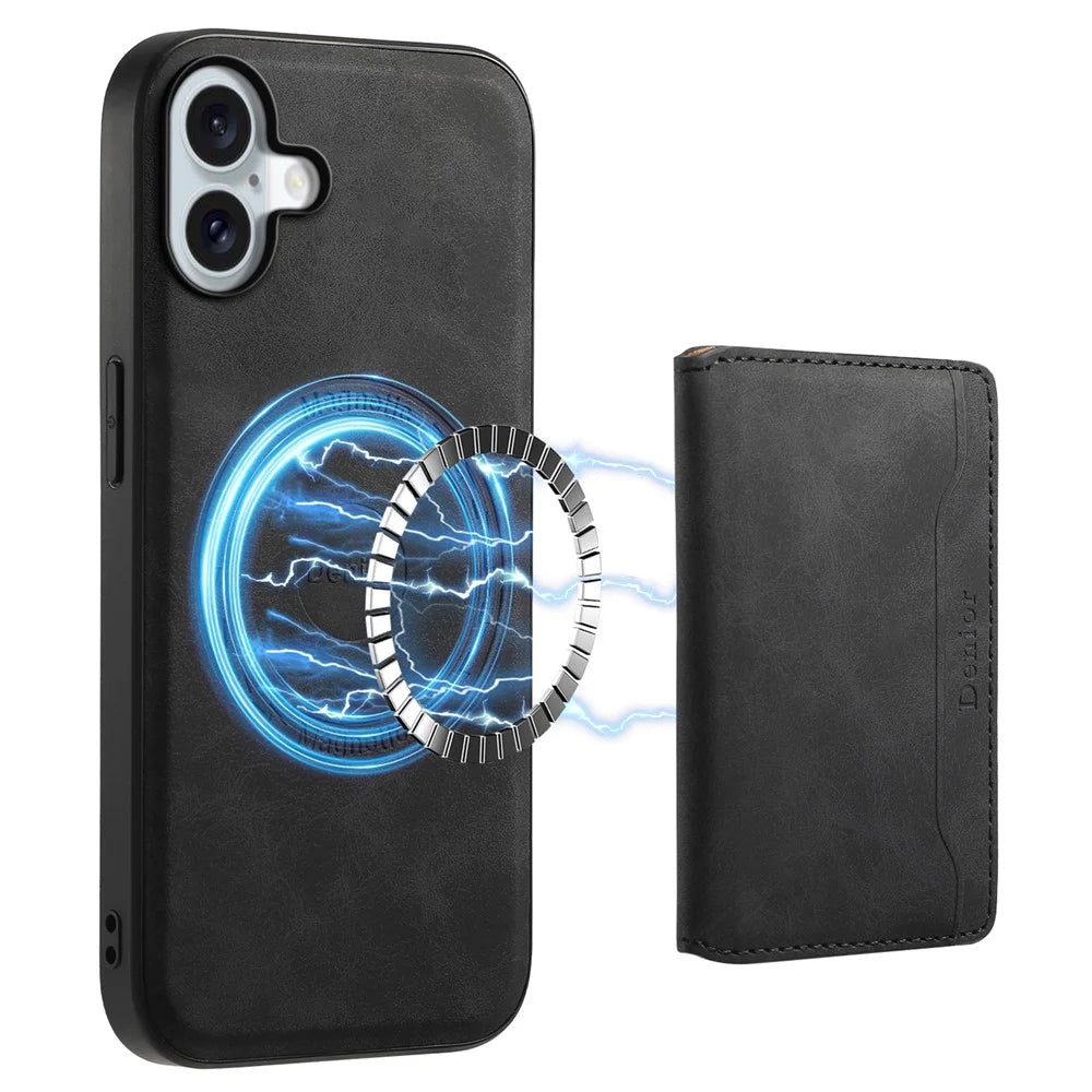 DENIOR D13 For iPhone 16 Plus Case Compatible with MagSafe Card Bag Kickstand Phone Cover - Black - 1