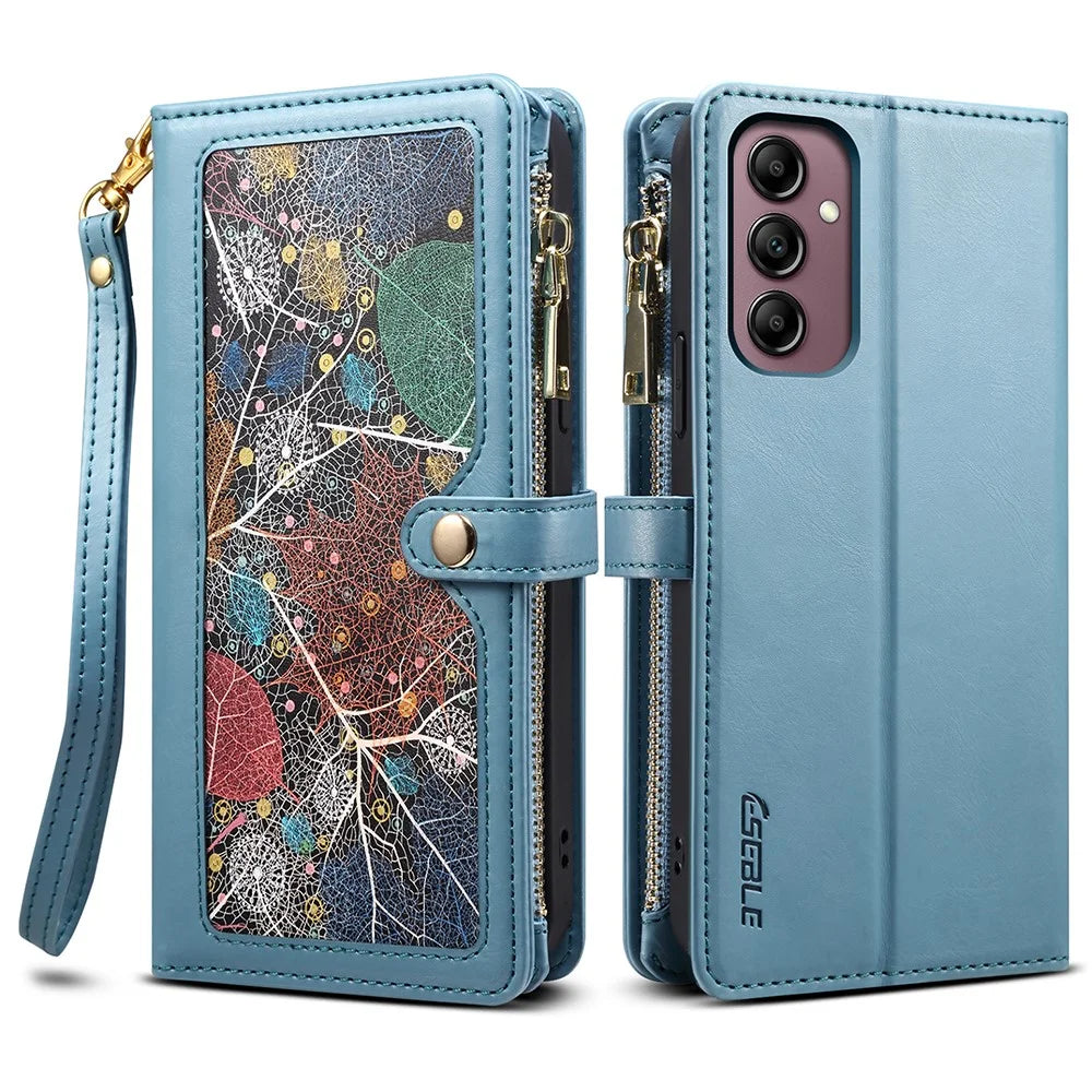 ESEBLE Galaxy Series For Samsung Galaxy S24 FE Case RFID Blocking Leather Phone Cover With 2 Straps - Blue - 1