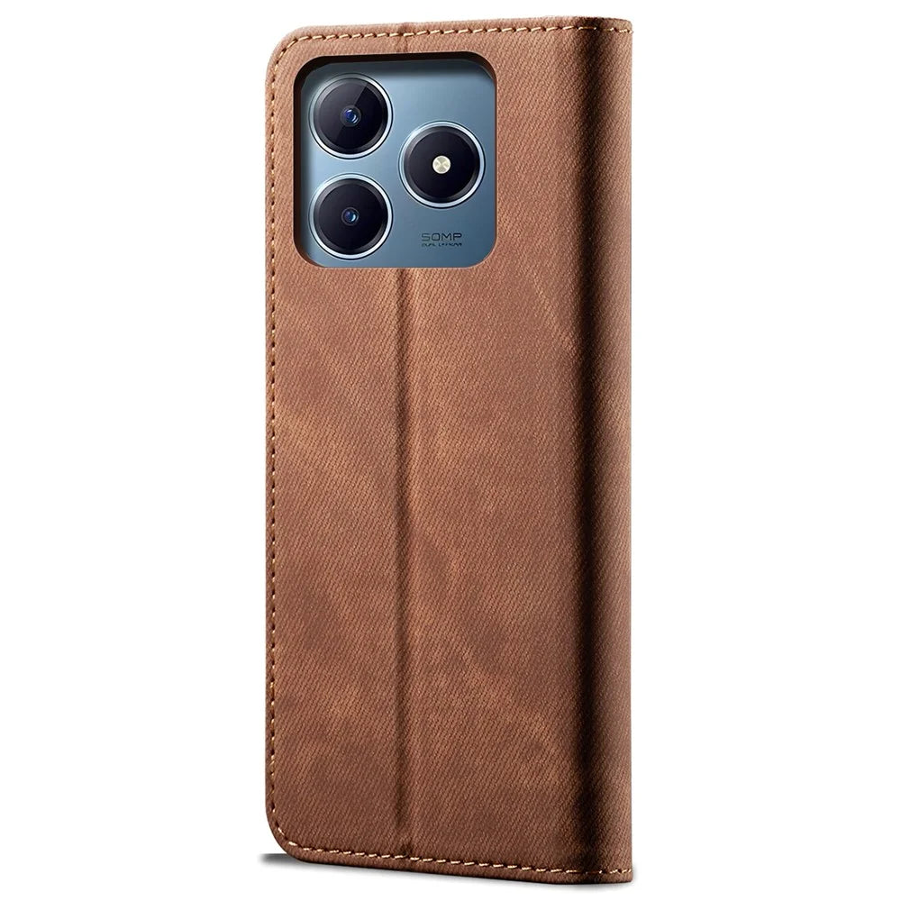For Realme Note 60x 4G / C63 4G / C61 4G Case Jeans Cloth Texture Leather Wallet Phone Cover Flip Stand - Coffee - 6