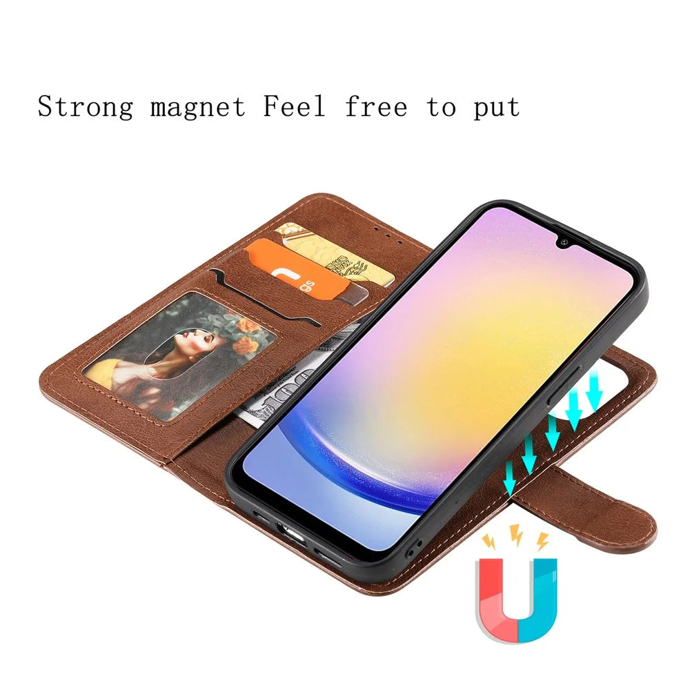 For Samsung Galaxy A25 5G (Global) (161.0 x 76.5 x 8.3mm) Case 2 in 1 Detachable Magnetic Leather Wallet Mobile Cover with Strap - Brown - 6
