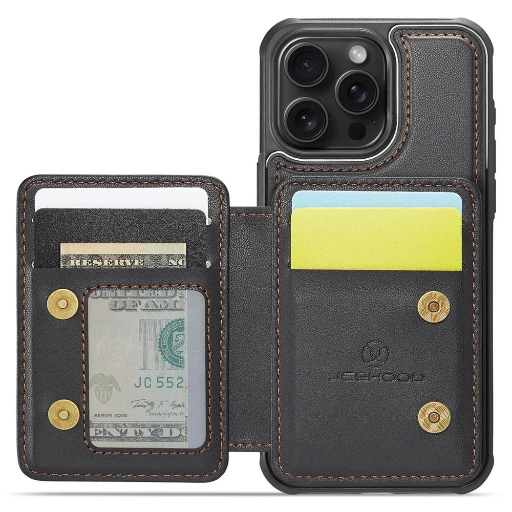 JEEHOOD J05 For iPhone 15 Pro Max Case Leather Mobile Cover with Detachable Magnetic Card Bag - Black - 2
