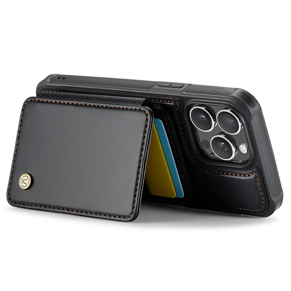 JEEHOOD J05 For iPhone 15 Pro Max Case Leather Mobile Cover with Detachable Magnetic Card Bag - Black - 3