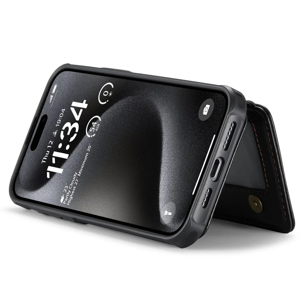 JEEHOOD J05 For iPhone 15 Pro Max Case Leather Mobile Cover with Detachable Magnetic Card Bag - Black - 4