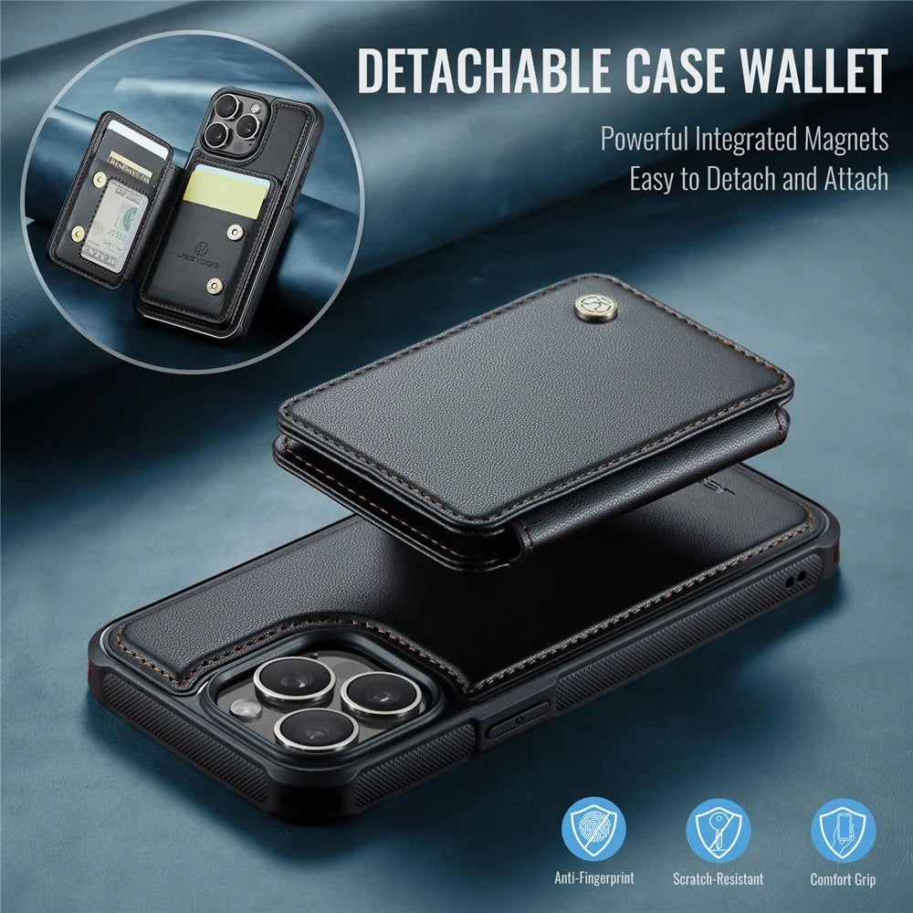 JEEHOOD J05 For iPhone 15 Pro Max Case Leather Mobile Cover with Detachable Magnetic Card Bag - Black - 5