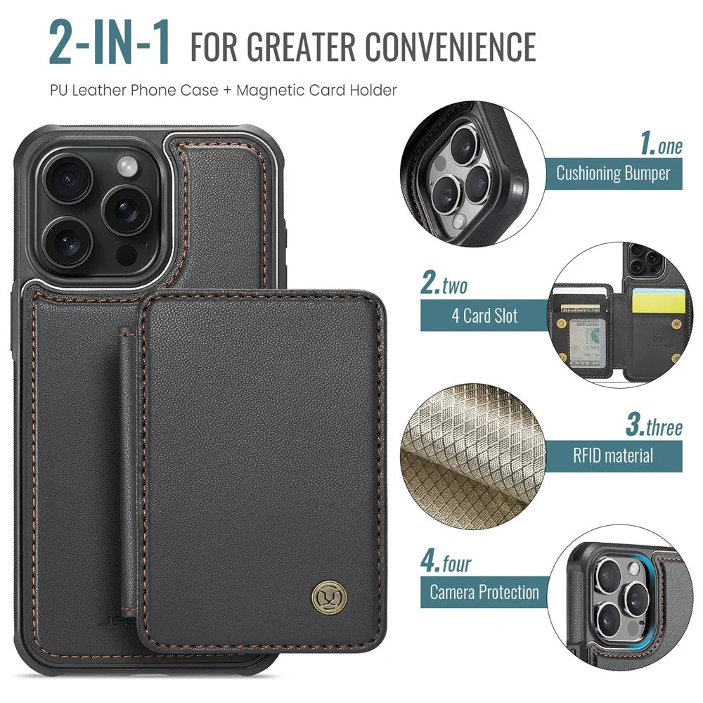 JEEHOOD J05 For iPhone 15 Pro Max Case Leather Mobile Cover with Detachable Magnetic Card Bag - Black - 6
