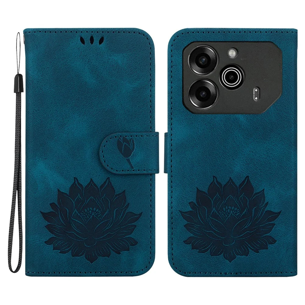 For TECNO Pova 6 5G / 6 Pro 5G Case with Wrist Strap Lotus Imprint Leather Wallet Phone Cover - Blue - 1