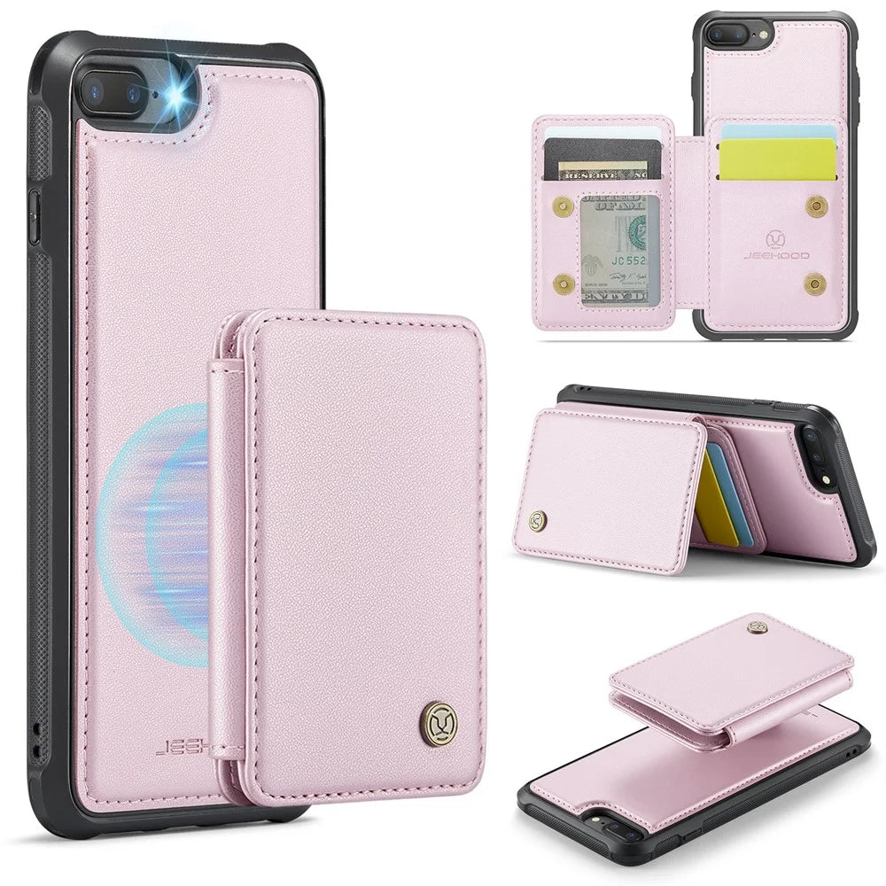 JEEHOOD J05 For iPhone 6 Plus / 7 Plus / 8 Plus / 6s Plus 5.5-inch Case Leather Mobile Cover with Detachable Magnetic Card Bag - Pink - 1