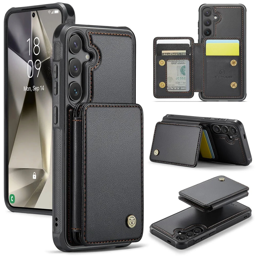 JEEHOOD J05 For Samsung Galaxy S24 Case Leather Mobile Cover with Detachable Magnetic Card Bag - Black - 1