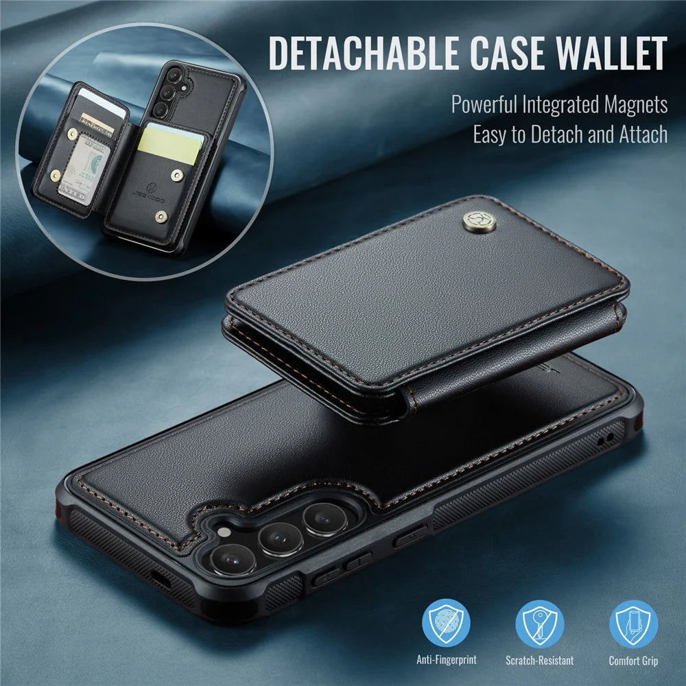 JEEHOOD J05 For Samsung Galaxy S24 Case Leather Mobile Cover with Detachable Magnetic Card Bag - Black - 6