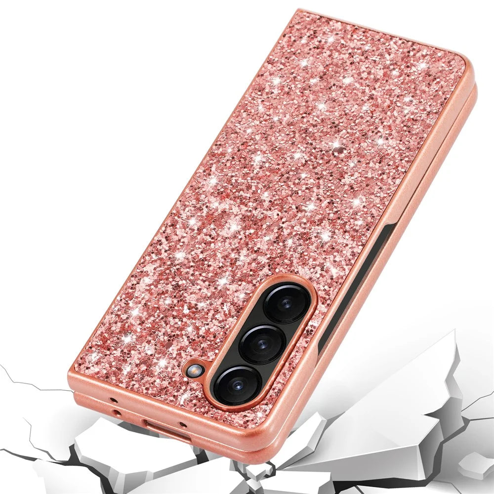For Samsung Galaxy Z Fold6 5G Phone Case Glitter Electroplated TPU Frame PC Back Cover - Rose Gold - 2