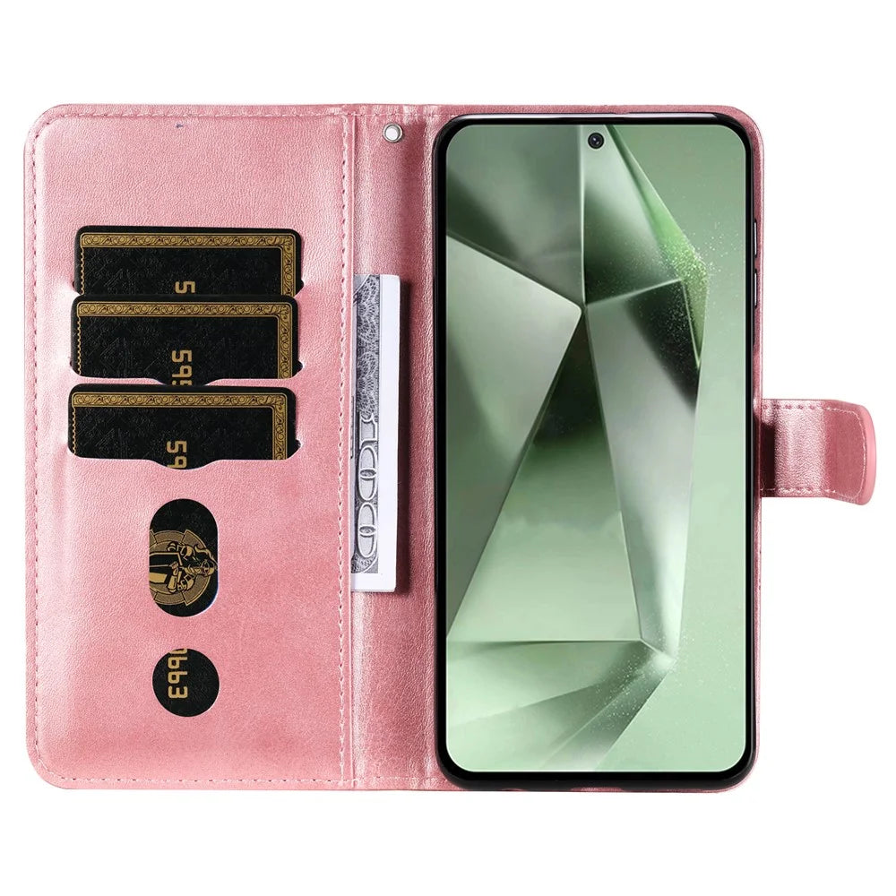 For Samsung Galaxy S24 FE Case PU Leather Stand Phone Cover with Zipper Pocket - Pink - 2