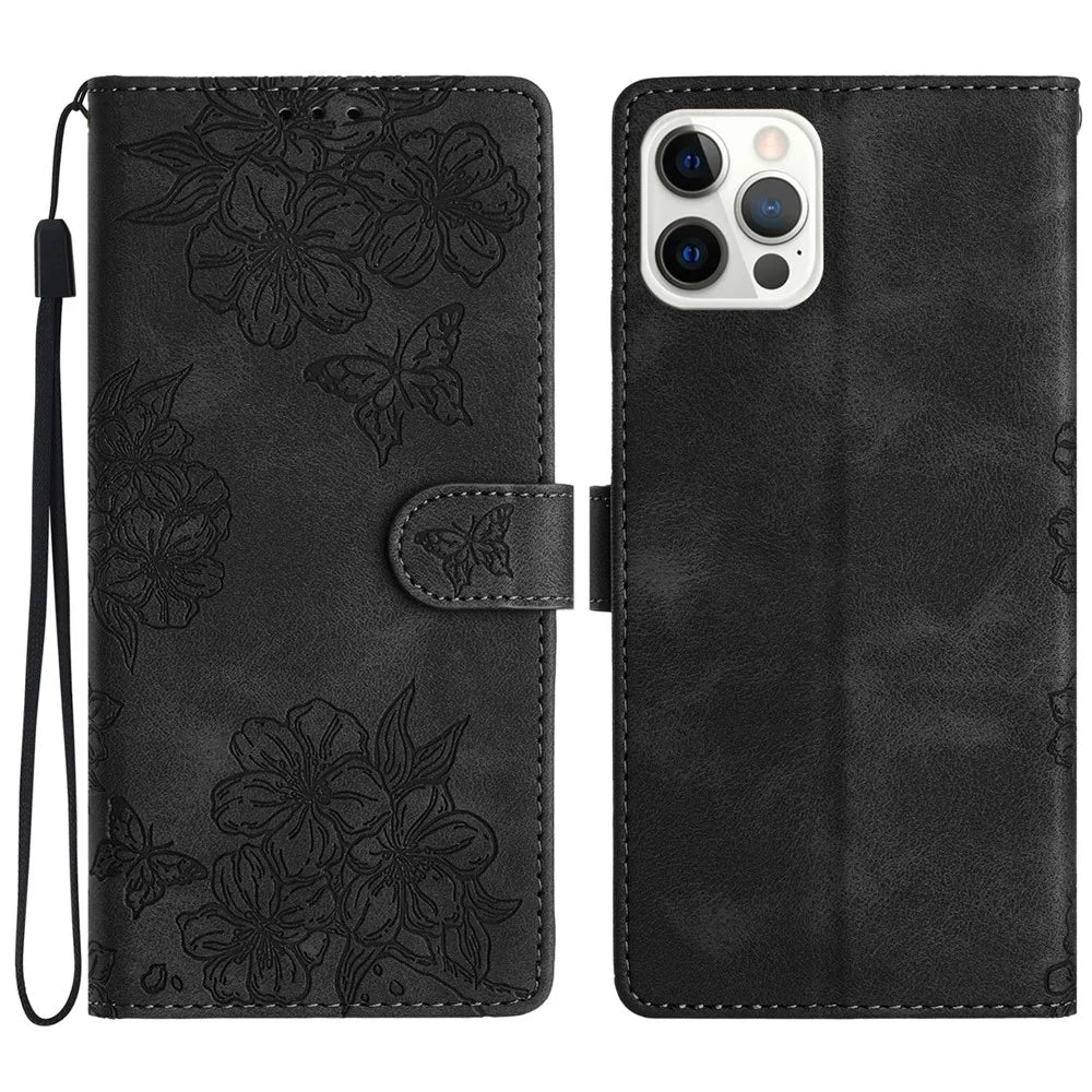 For iPhone 16 Pro Max Case Butterfly Flower PU Leather Flip Protective Phone Cover - Black - 1