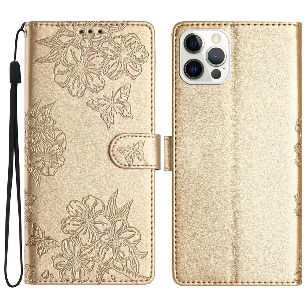 For iPhone 16 Pro Case Butterfly Flower PU Leather Phone Cover with Card Slots Stand - Gold - 1