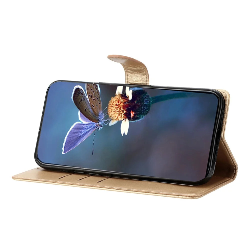 For iPhone 16 Pro Case Butterfly Flower PU Leather Phone Cover with Card Slots Stand - Gold - 2