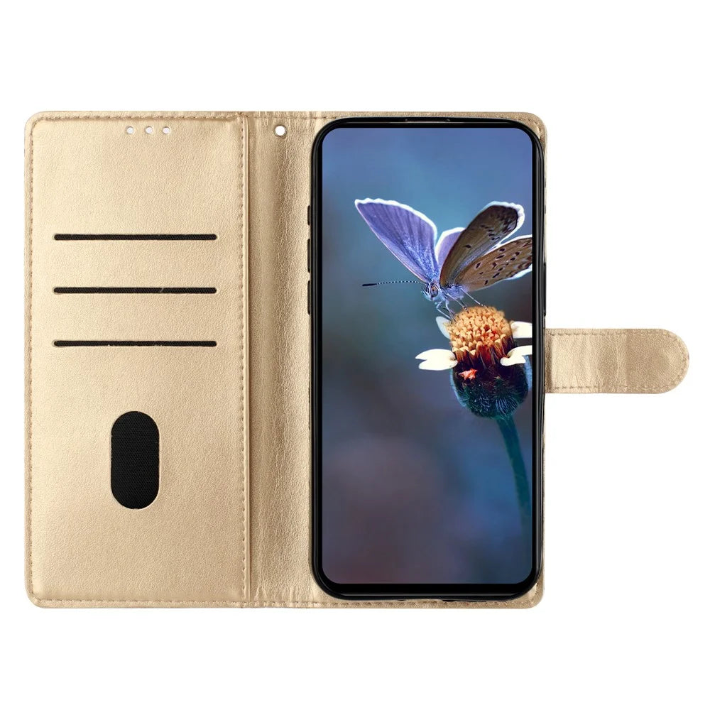 For iPhone 16 Pro Case Butterfly Flower PU Leather Phone Cover with Card Slots Stand - Gold - 3