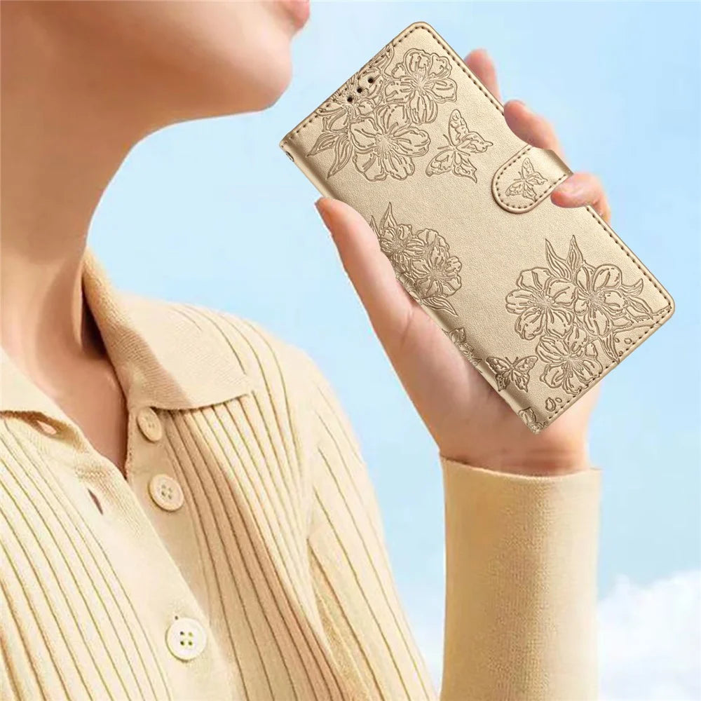 For iPhone 16 Pro Case Butterfly Flower PU Leather Phone Cover with Card Slots Stand - Gold - 6