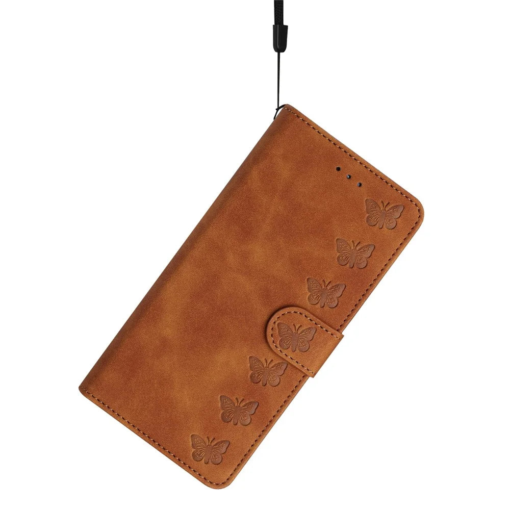 For iPhone 16 Pro Wallet Case PU Leather Folio Phone Cover 7 Butterflies Imprinted - Brown - 5