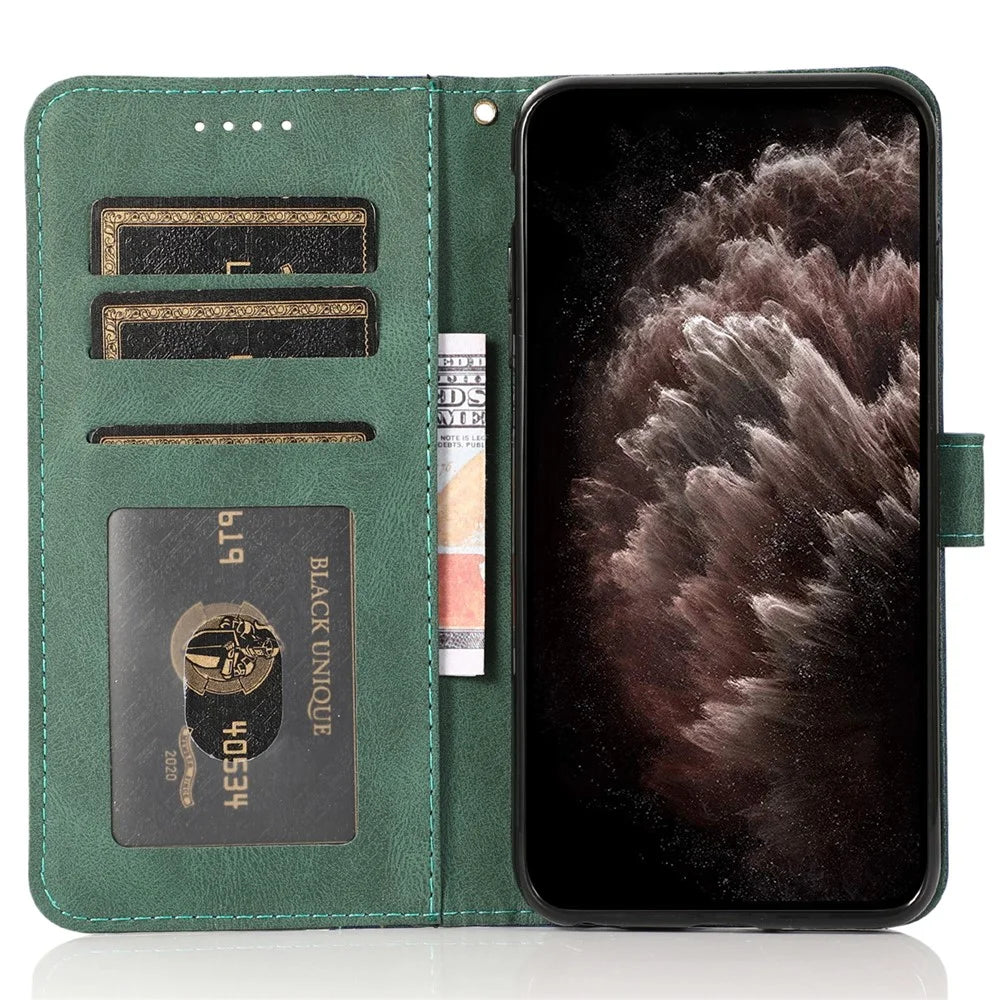 For iPhone 16 Pro Wallet Case Splicing Color Leather Phone Cover Credit Card Holder - Blue+Green - 2