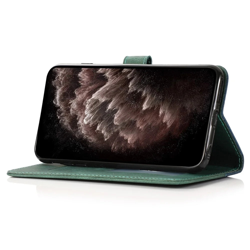 For iPhone 16 Pro Wallet Case Splicing Color Leather Phone Cover Credit Card Holder - Blue+Green - 3
